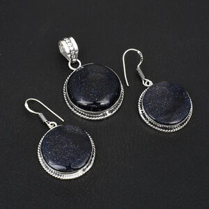 Blue Sunstone Gemstone & 925 Silver Plated Handmade Pendant & Earrings Set NWT